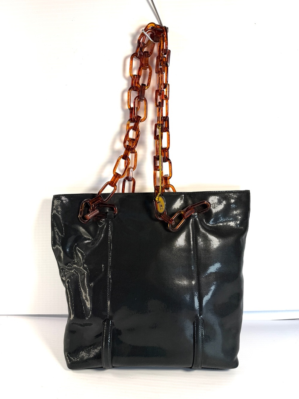 Aleda Patent Black Tote with Tortoise Lucite Chain Straps